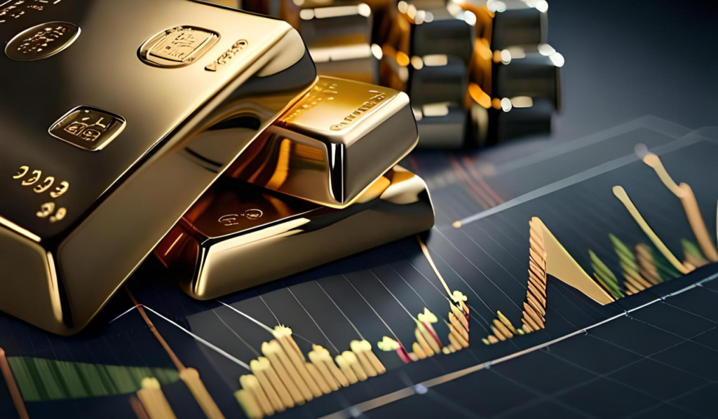 Złote sztabki oraz wykresy inwestycyjne
