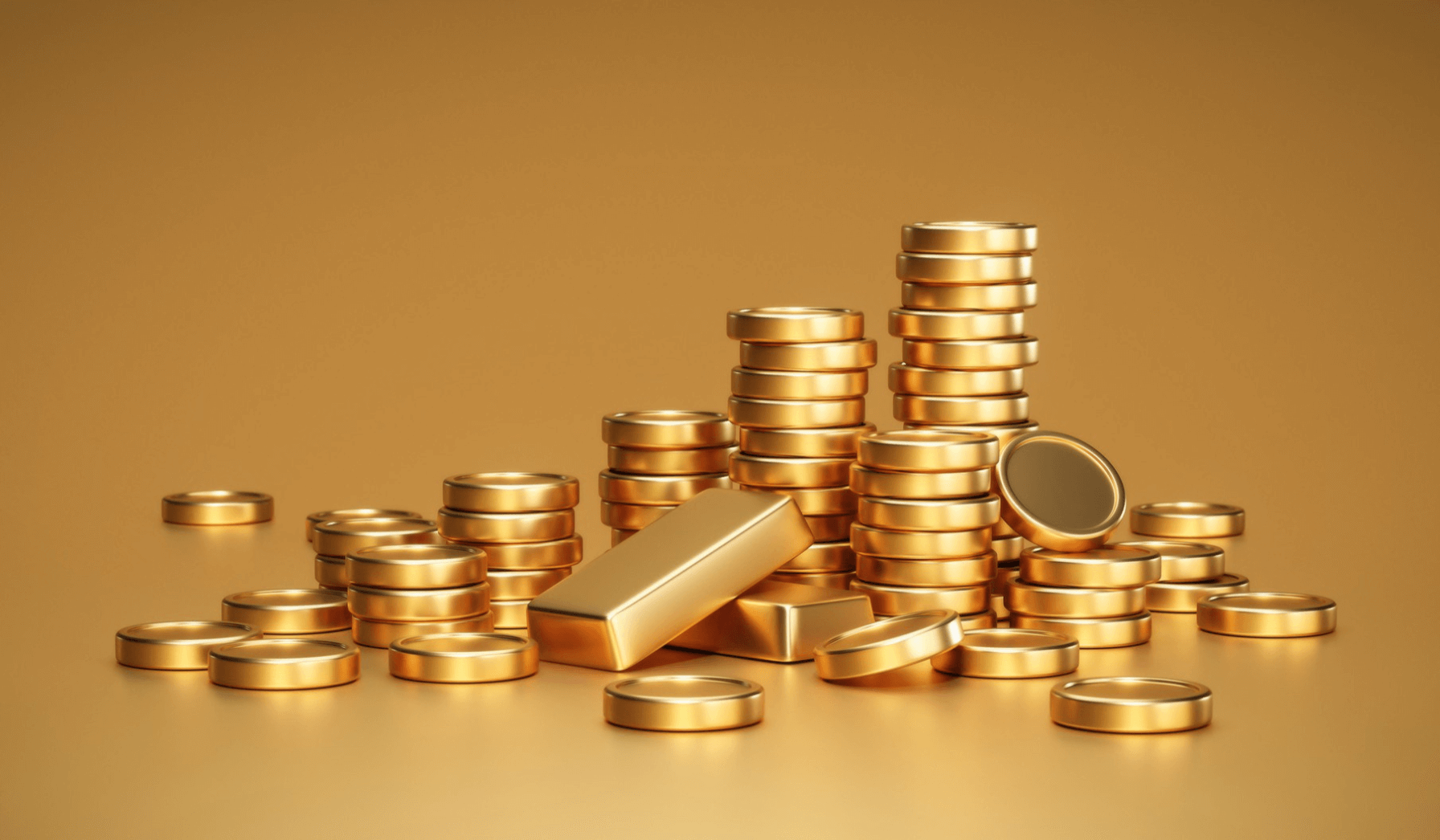 Duża ilość złotych monet i sztabek złota