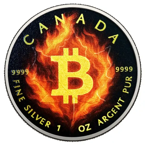Srebrna moneta Płonący Bitcoin - Kanadyjski Liść Klonowy 2025 - 1 uncja srebra